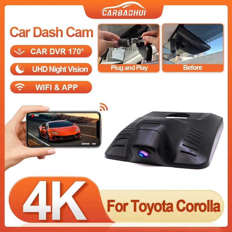 

Plug and play UHD 4K 2160P Видеорегистратор Автомобильный видеорегистратор с 2-объективом Регистратор Wi-Fi ночного видения для Toyota Corolla 2023-2025 Ночное видение
