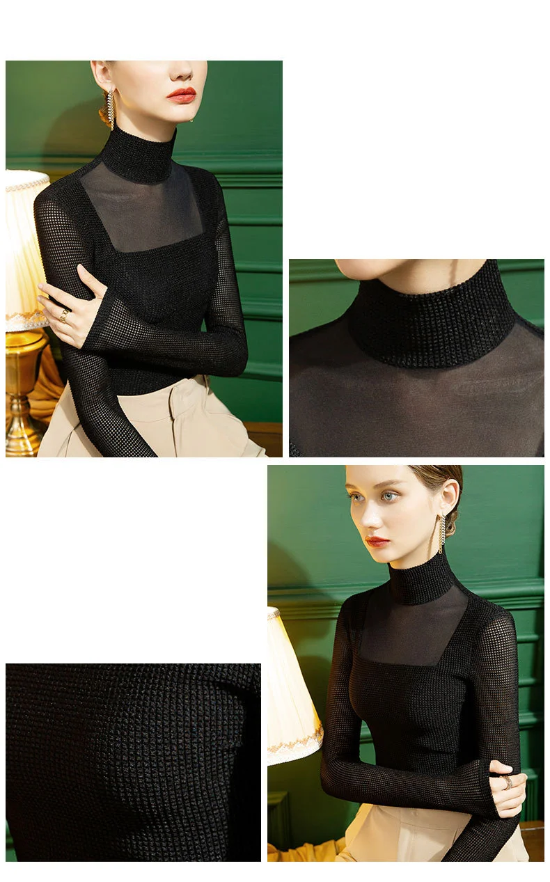 MadBlack European Clothing Tshirt Women Sexy Turtleneck Mesh Patchwork Slim Tops Long Sleeve Bottoming Tee Autumn Winte T37013JM