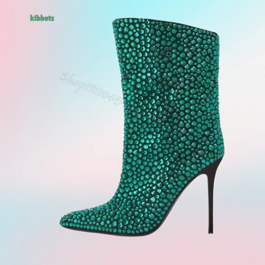 

Blingbling Crystal Rhinestone High Heel Boots Pointed Toe Stiletto Mid Calf Boots Zipper Women Boots2024 New Zapatos Para Mujere