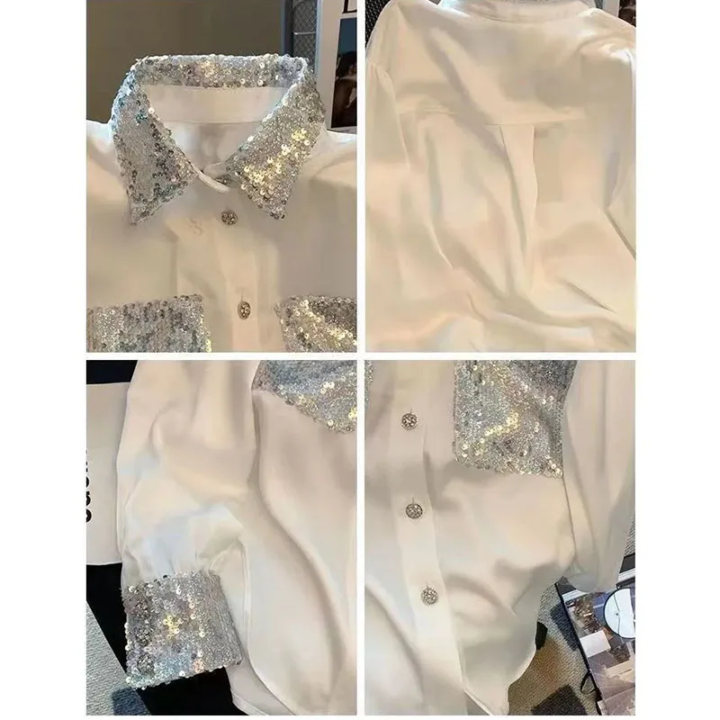 Spliced Sequin White Shirt Women 2024 New Spring High-end Long Sleeved Super Beautiful Temperament Small Blouse Female Tops