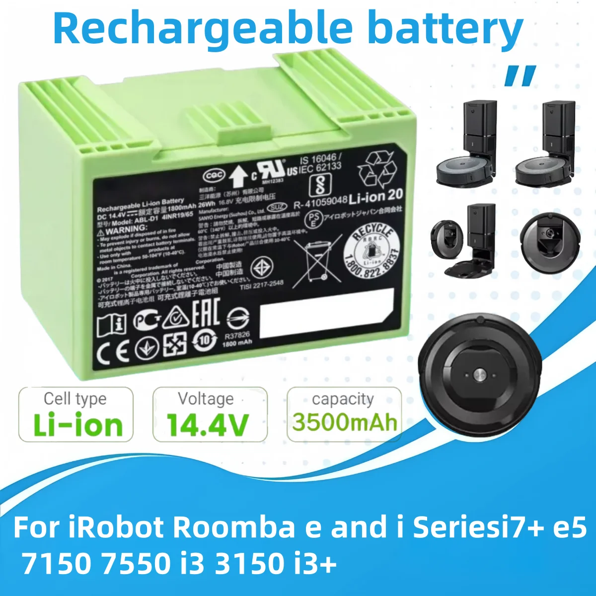 

Rechargeable 14.4V 5000mAh Battery for iRobot Roomba i7, i3-i8 J7 E5 Series Vacuum Cleaner Replacement