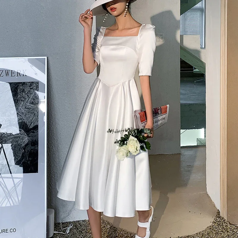 White Satin Evening Prom Dresses for Women Summer 2023 Square Collar A-LINE Dress Elegant Wedding Photos Formal Party vestidos