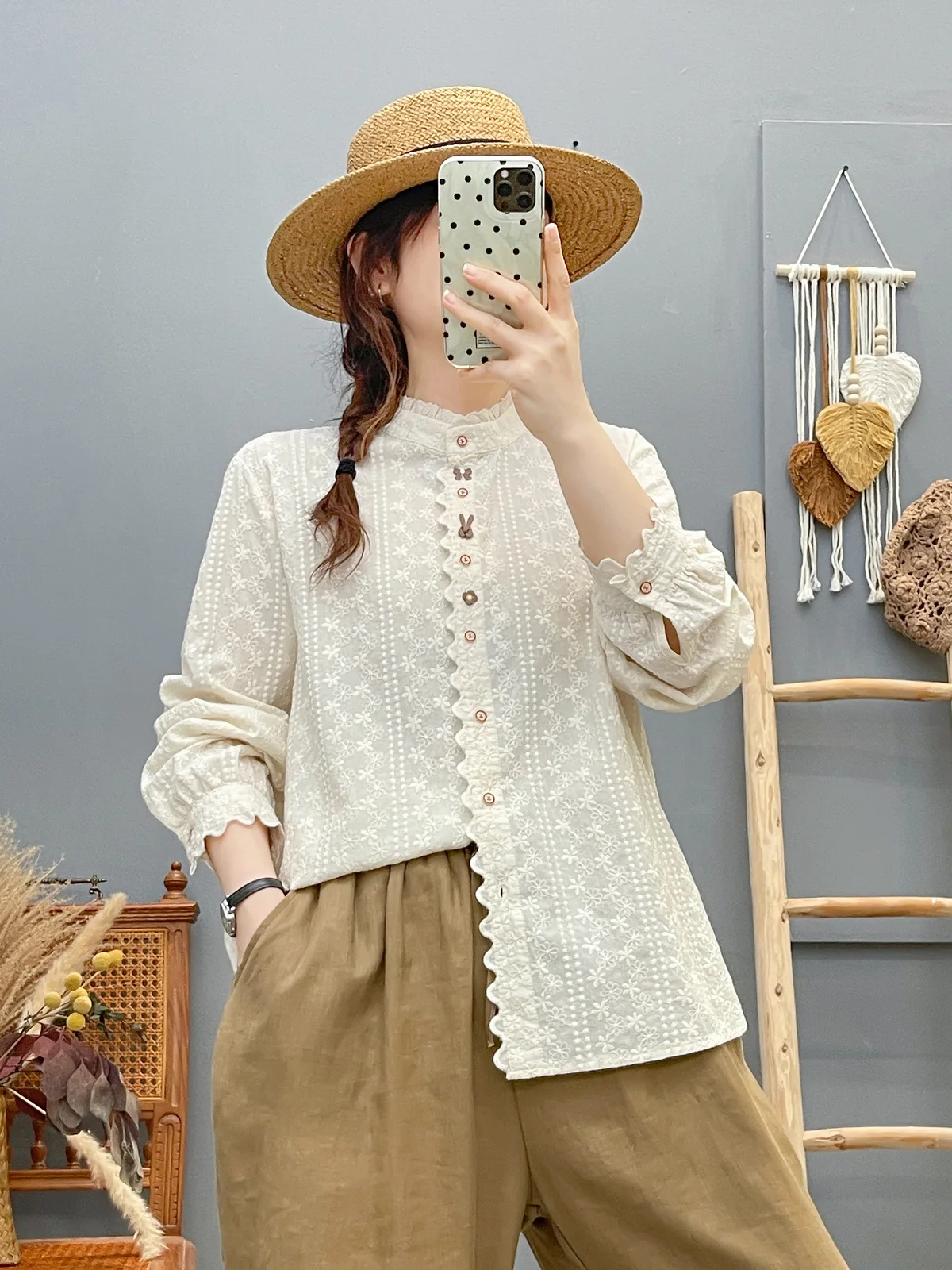 جديد 2025 الخريف قميص قطني بكم طويل ، المرأة الوقوف التطريز لطيف ، موري فتاة OL Preppy نمط الكشكشة بلوزة فضفاضة T58976CC