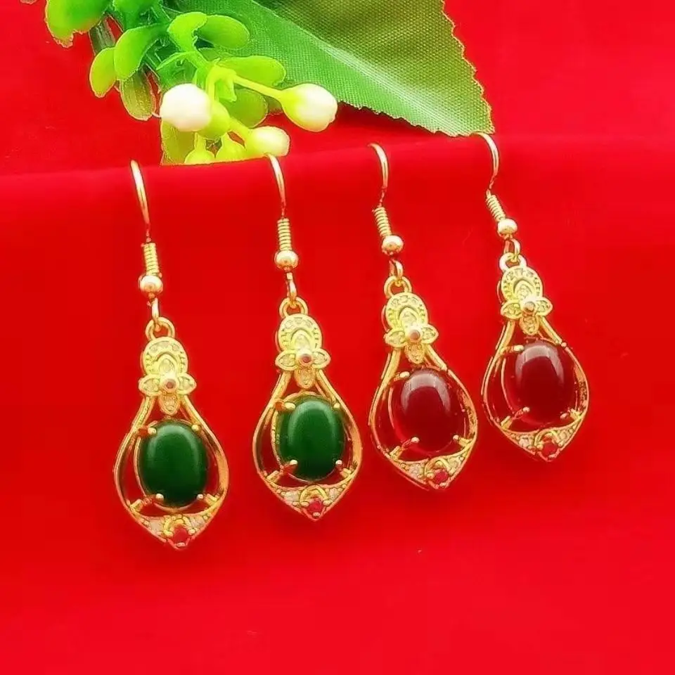 

Female 9999 24K real gold temperament four leaf clover earring ear hook retro transfer bead long tassel gemstone inlaid earrings