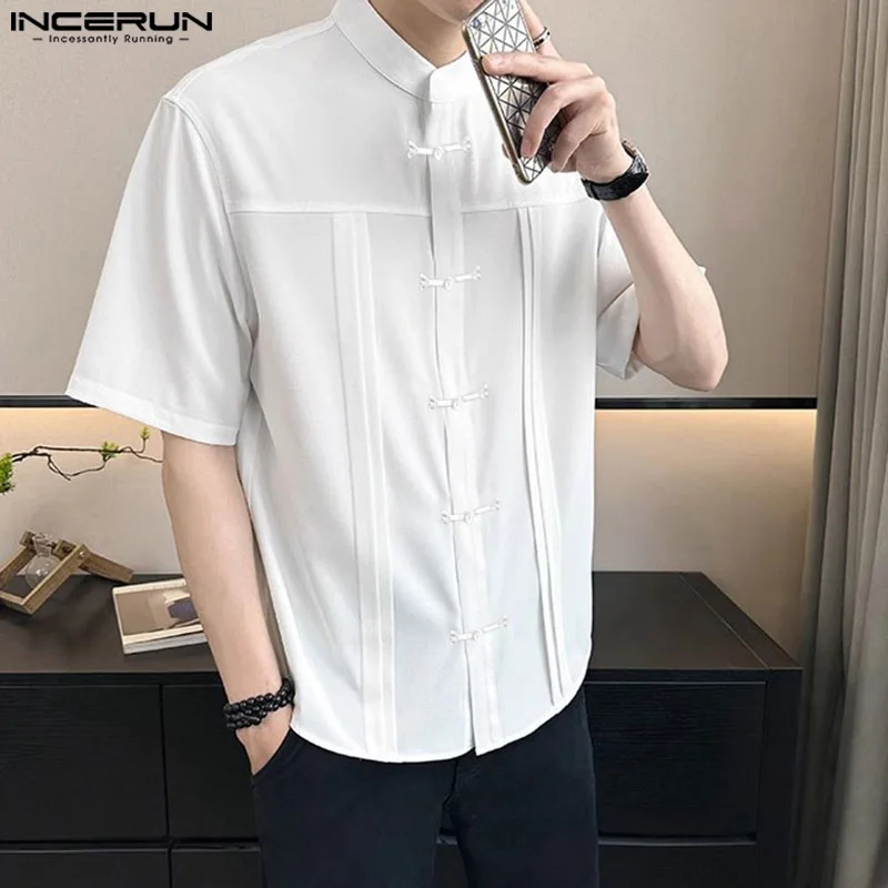 Handsome Well Fitting Tops INCERUN Men's Solid Plate Buckle Pleated Design Shirts Casual Simple Male Short Sleeved Blouse S-5XL