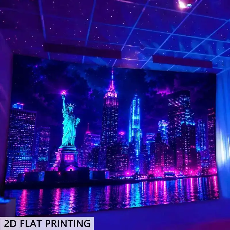 VIKAMA New York Statue Liberty Neon City Wall Tapestry Hanging Decor Bedroom Living Room Dorm Cyberpunk Soft Durable Cozy Gift
