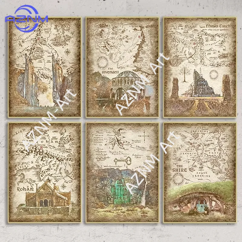 1/6 Stück Tolkien Mittelerde Retro Reisekarte Wandbild Kunstdruck auf Leinwand Fantasy Literatur Film Wandgemälde Heimdekoration