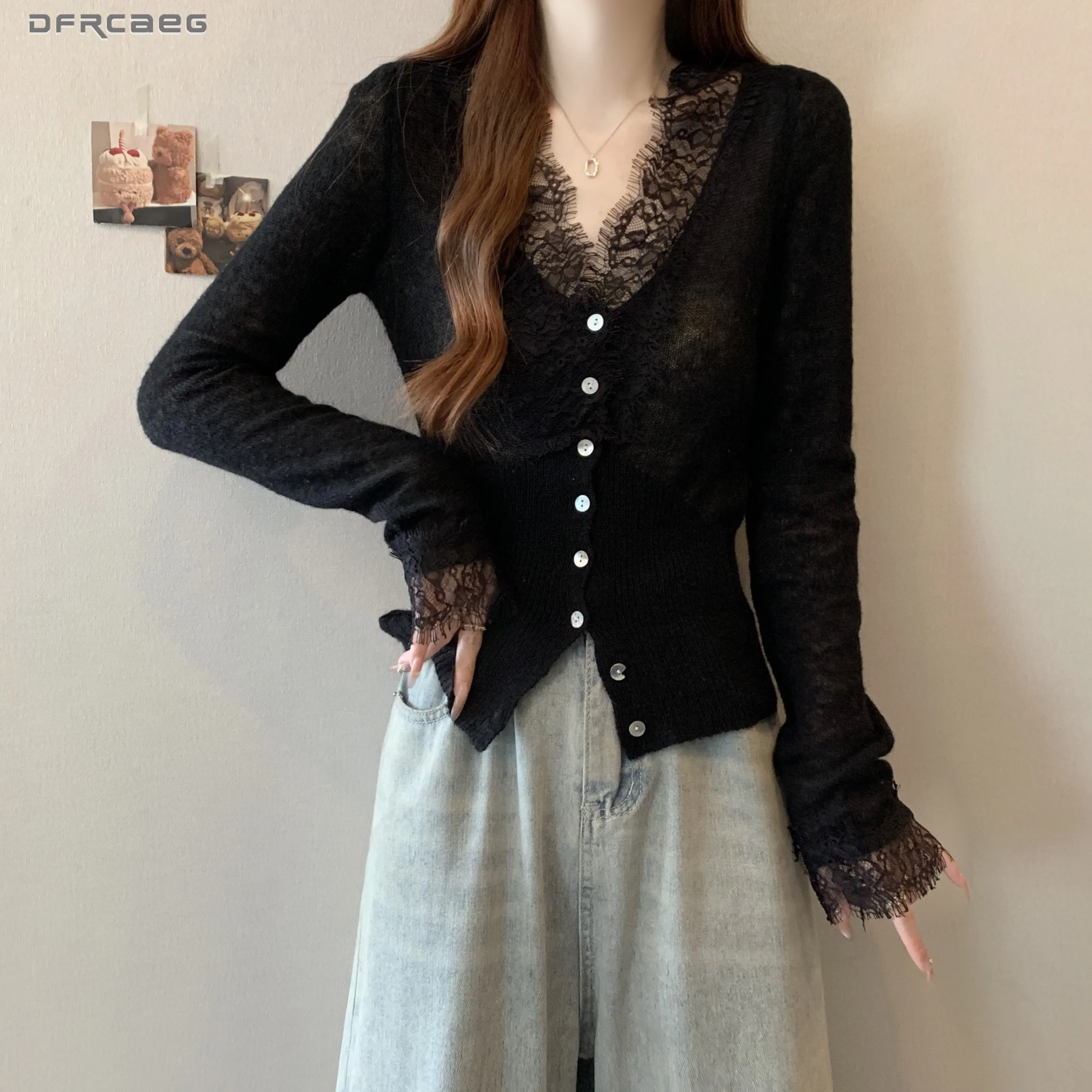 

White Thicken Knitted Shirt Top Woman Autumn Winter Lace Patchwork Slim Long Sleeved Cardigan Bottoming Sweater Clothes