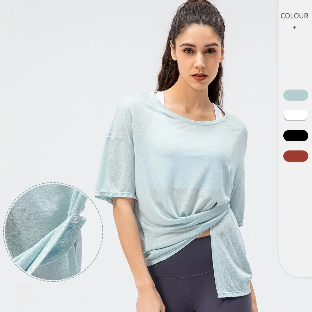 Women Crew Neck Sports T-Shirt Split Hem Cover Up Quick Dry Breathable Running Workout Tops