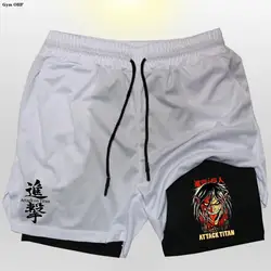 Men Running Shorts 2 In 1 Double Deck Quick Dry Gym Sportswear Fitness Workout Training Male Short Pants Anime Attack On Titan