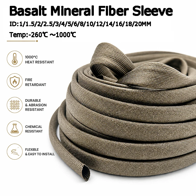 1/2/3/5/10M 1000Deg C Basalt Fiber Sleeve ID 1~20mm High-Temperature Sleeve, Mineral Fiber Braided Network Tube Fireproof Sleeve