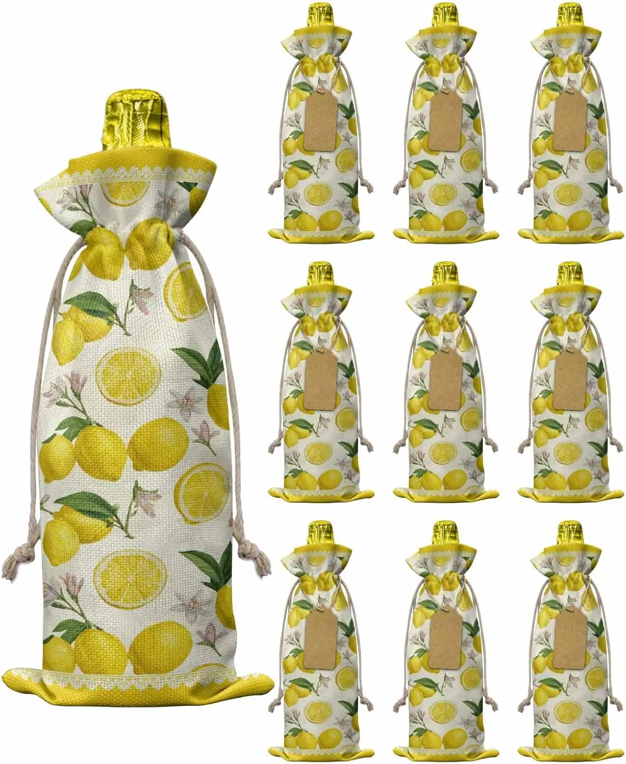 

Набор из 10 пакетов для винных бутылок, летние чехлы для винных бутылок с завязками, желтые подарочные пакеты с тропическими лимонами и весенними цветами для шампанского