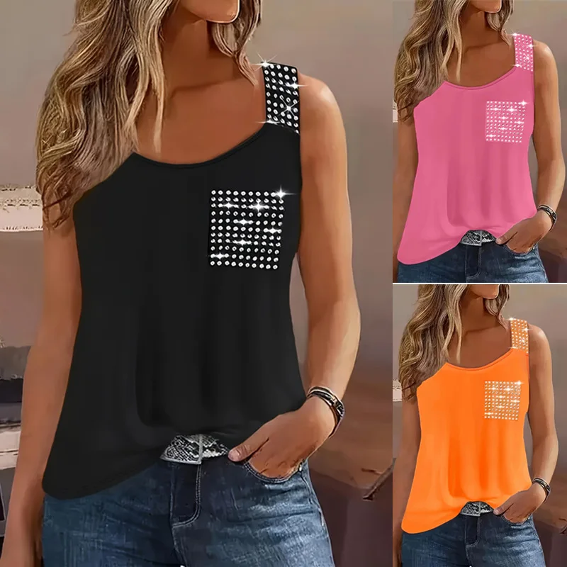 Fashion Sleeveless Round Neck Beach Casual T-shirt Fake Pocket Hot Pressed Diamond Shiny Vest T-shirt Women Summer Black T-shirt