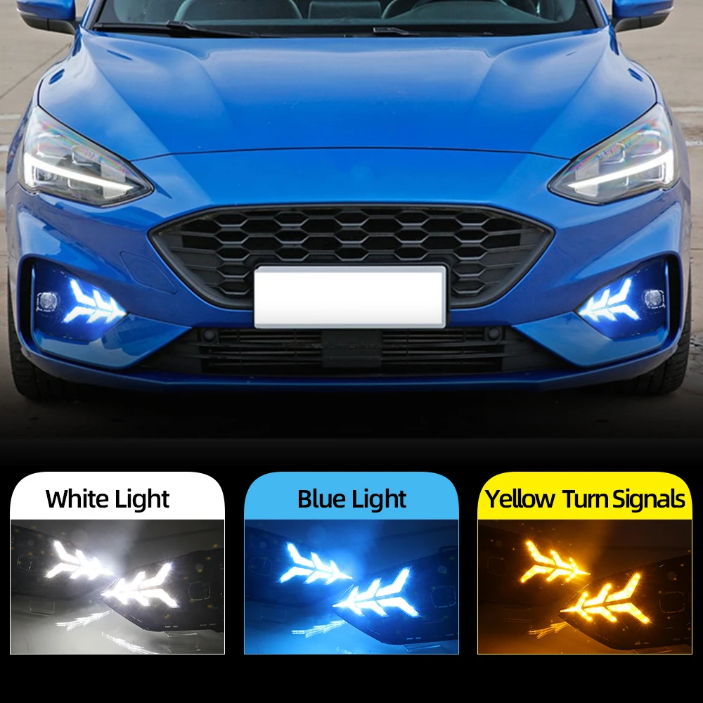 LED DRL For Ford Focus 2018 2019  Low configuration Daytime Running Lights Fog Lamp Cover with Yellow Turn Signal Functions