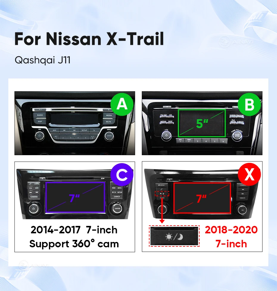 Ainavi Android Autoradio für Nissan Qashqai J11 X-Trail 3 T32 2013-2017, kabelloses Carplay, Android Auto, 4G Auto-Multimedia-Player, GPS-Navigation, SWC, BT5.0, HD IPS, HDMI-Ausgang, MP5, FM, AM, RDS, Gyroskop, 2 DIN Autoradio – Detail 5