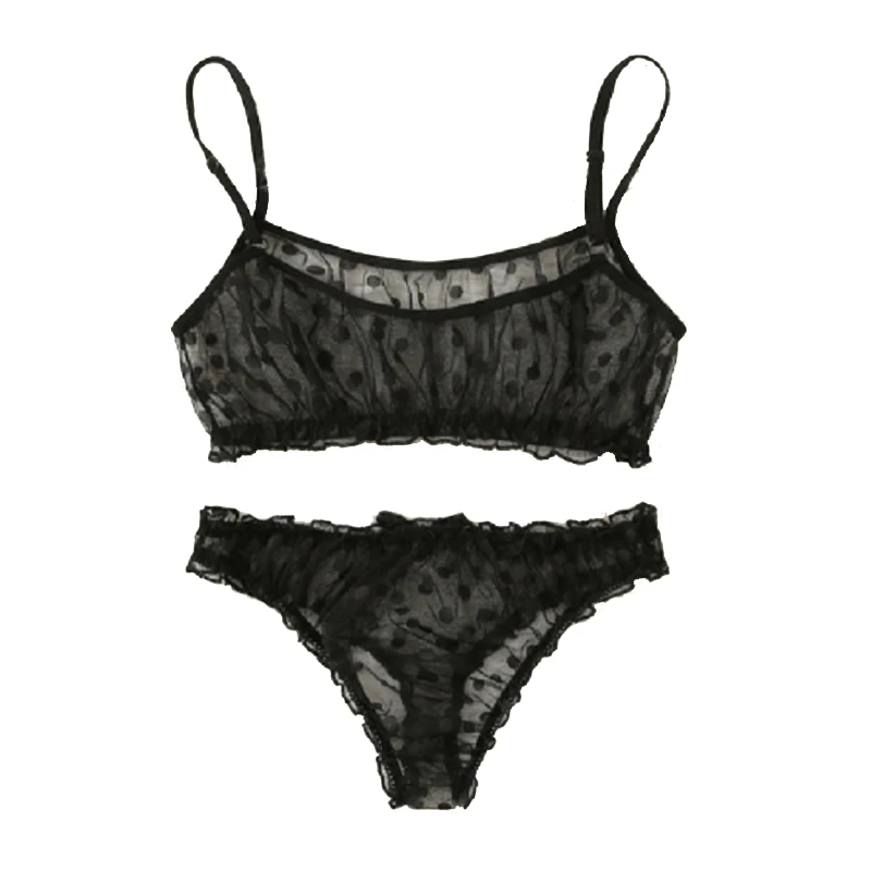 Sexy Lingerie Suit for Women Sexy Lace Patchwork Spliced Mesh Polka Dot Perspective Bra Women's Underwear Two-piece Set