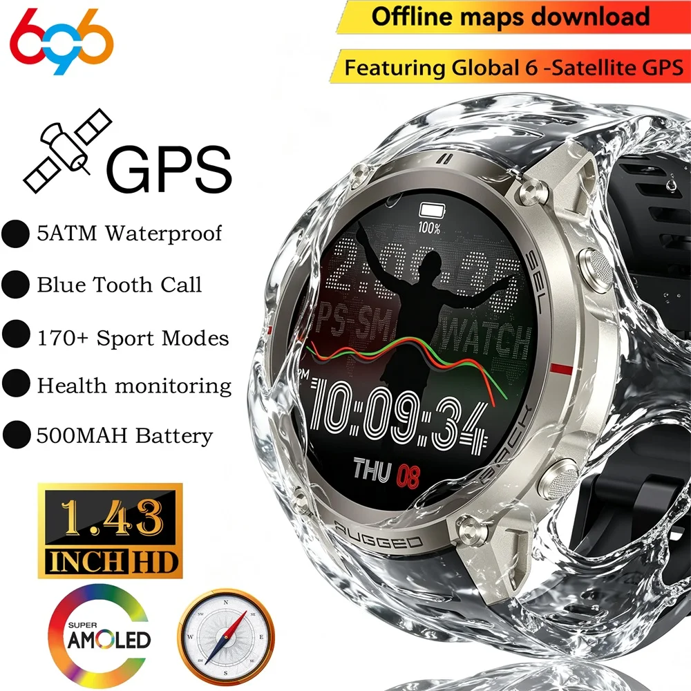 New GPS Outdoor Smart Watch Offline Map Download 5ATM Waterproof Blue Tooth Call Compass Health Sports AMOLED Screen Smartwatch