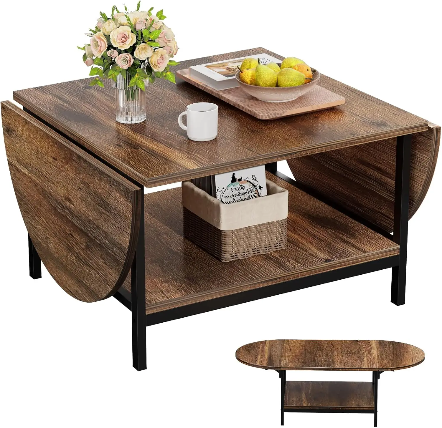 

Extendable Coffee Table with Storage Shelf, Modern Farmhouse Design for Small Spaces, Dark Brown Finish