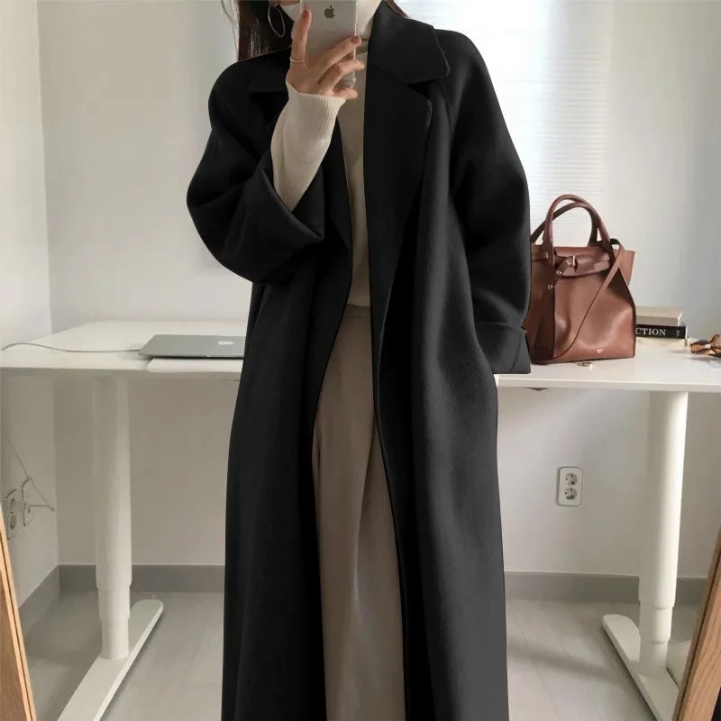 

Women Elegant Long Wool Coat With Belt Solid Color Long Sleeve Outerwear Ladies Drop Shoulder Overcoat Female 2022 Autumn Winter