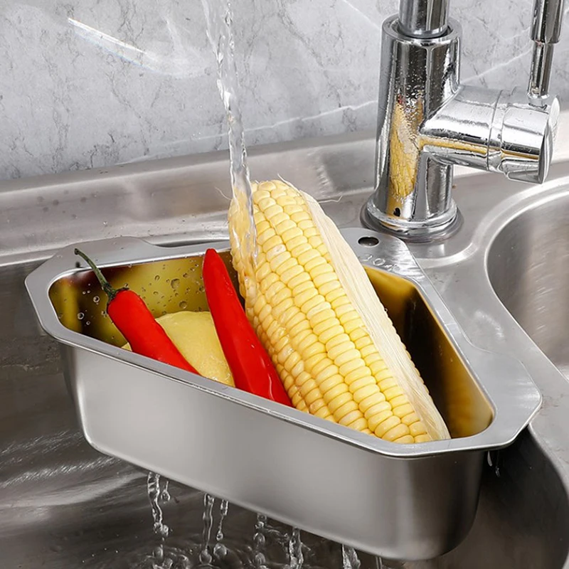 Stainless Steel Triangle Drain Basket Kitchen Sink Filter Shelf Fruit Vegetable Drainer Storage Rack Basket Bar With Suction Cup