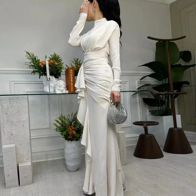 Aleeshuo Saudi Arabia Satin Mermaid Prom Dress 2025 Long Sleeves Tiered Party Dress Strapless Pleat High Neck Vestido Customized