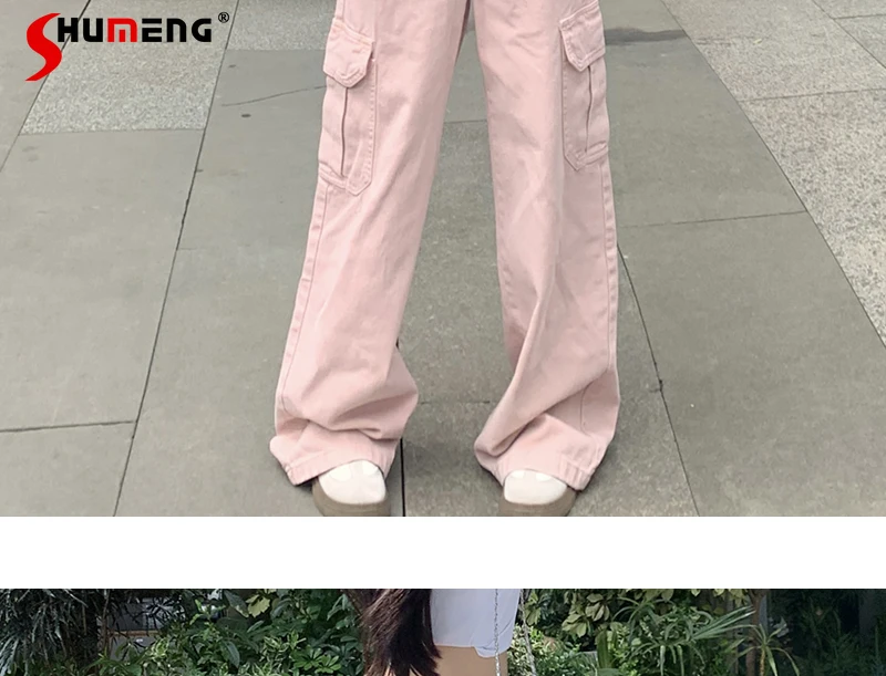 Sweet Cargo Baggy Pink Large Pockets Jeans 2024 Summer American Loose Women\'s High Waisted Straight Wide Leg Denim Mop Trousers