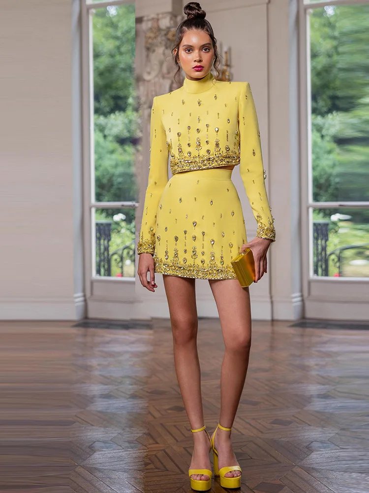 Solid Diamond Spliced Two Piece Set For Women Stand Collar Long Sleeve Top High Waist Skirts Sets Summer 2024 New 36A2005