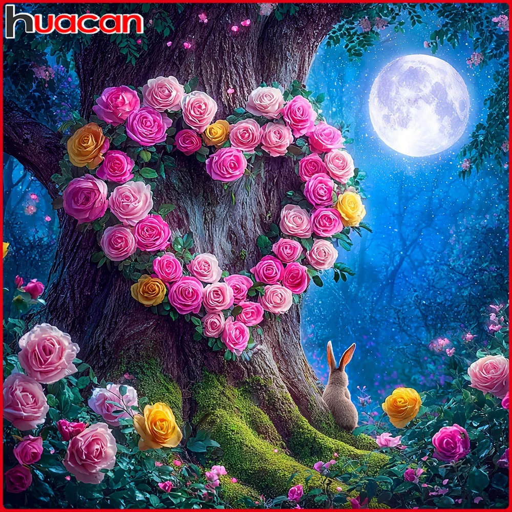 Huacan Neuheiten 2026 Diamantmalerei Rose Mond Diamant-Mosaik Landschaft Blumen Komplettset Heimdekoration