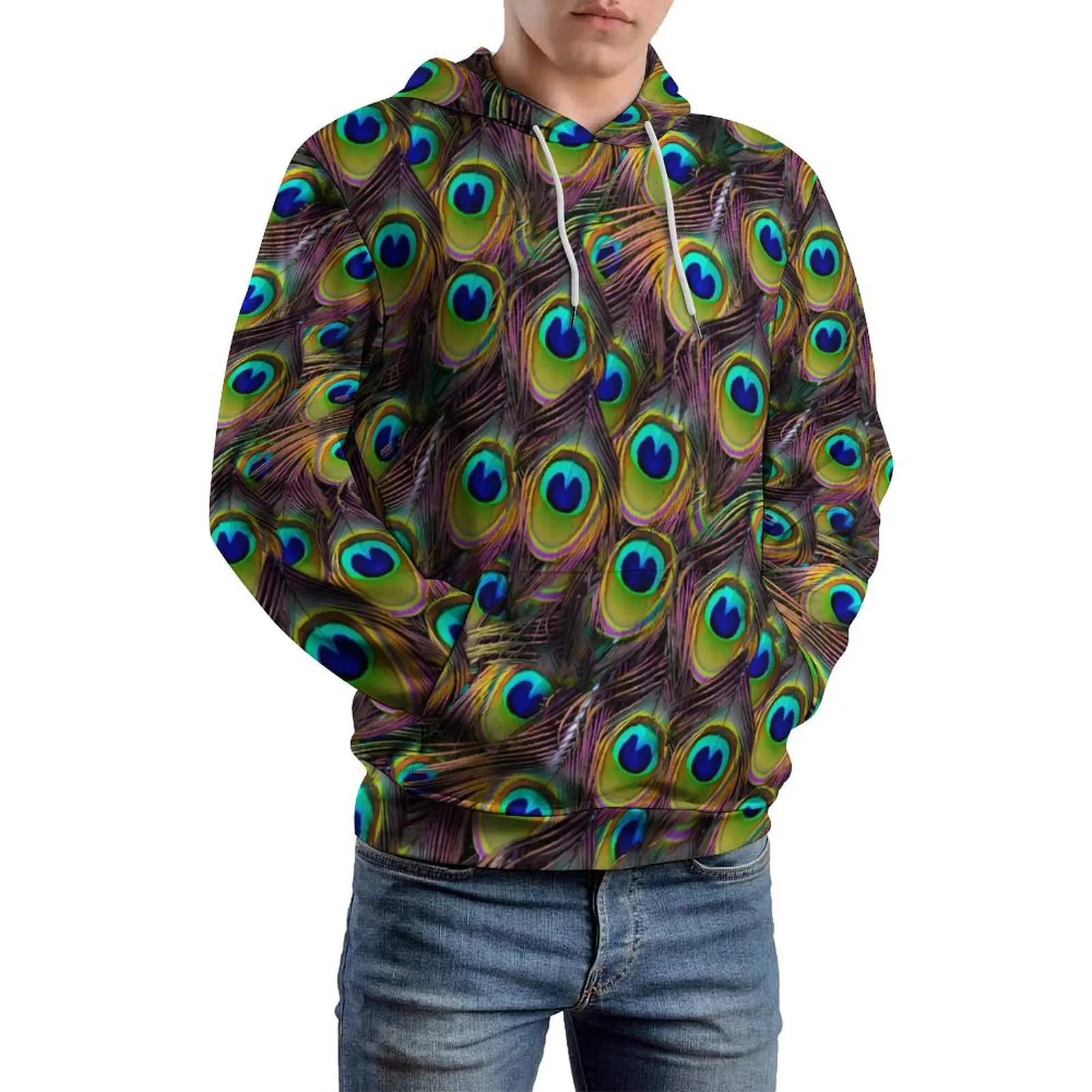 

Colorful Peacock Feathers Loose Hoodies Blue and Green Modern Hoodie Male Long Sleeve Oversized Casual Pattern Clothes