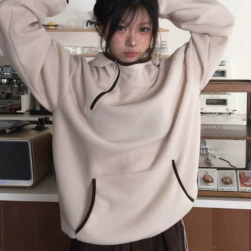 

Chic Autumn Winter Double-Sided Fce Hooded Sweatirt Women's Retro Design Sensation Age-Defng Trendy Cotton Crew Ne S...