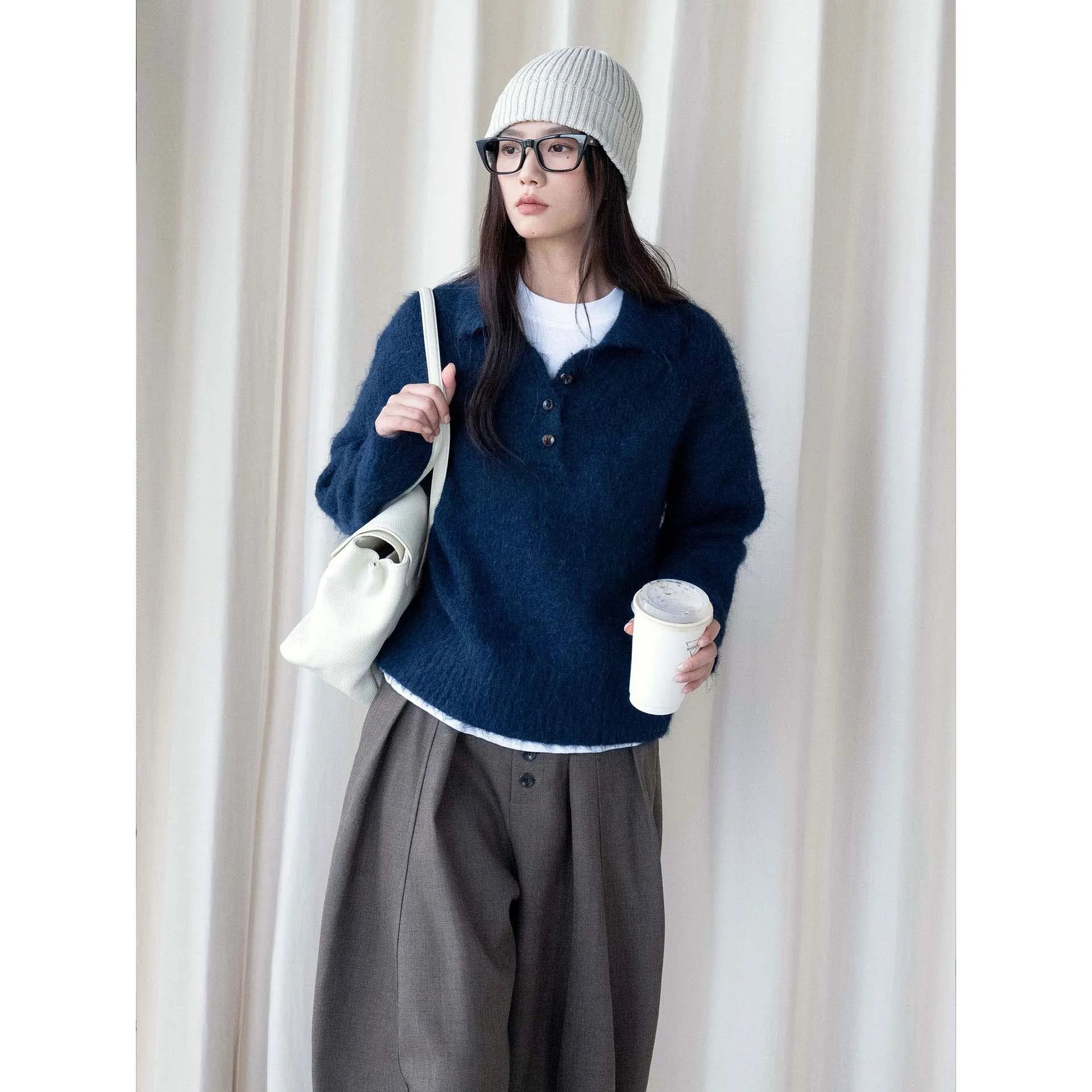 FANAN Women's Lapel Collar Fuzzy Knit Sweater Loose Long Sleeve Button Mohair Style Pullover Autumn Winter Casual Warm Tops