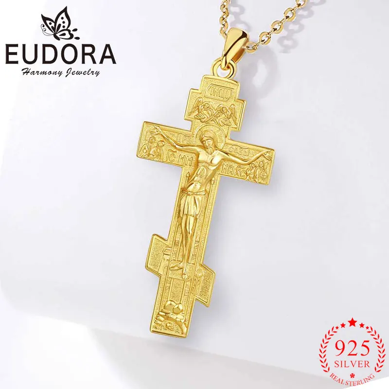 

Ортодоксальное ожерелье с крестом Eudora, серебро 925 пробы с покрытием из 18-каратного золота, христианский кулон с изображением Иисуса, религиозное украшение, подарок для мужчин и женщин