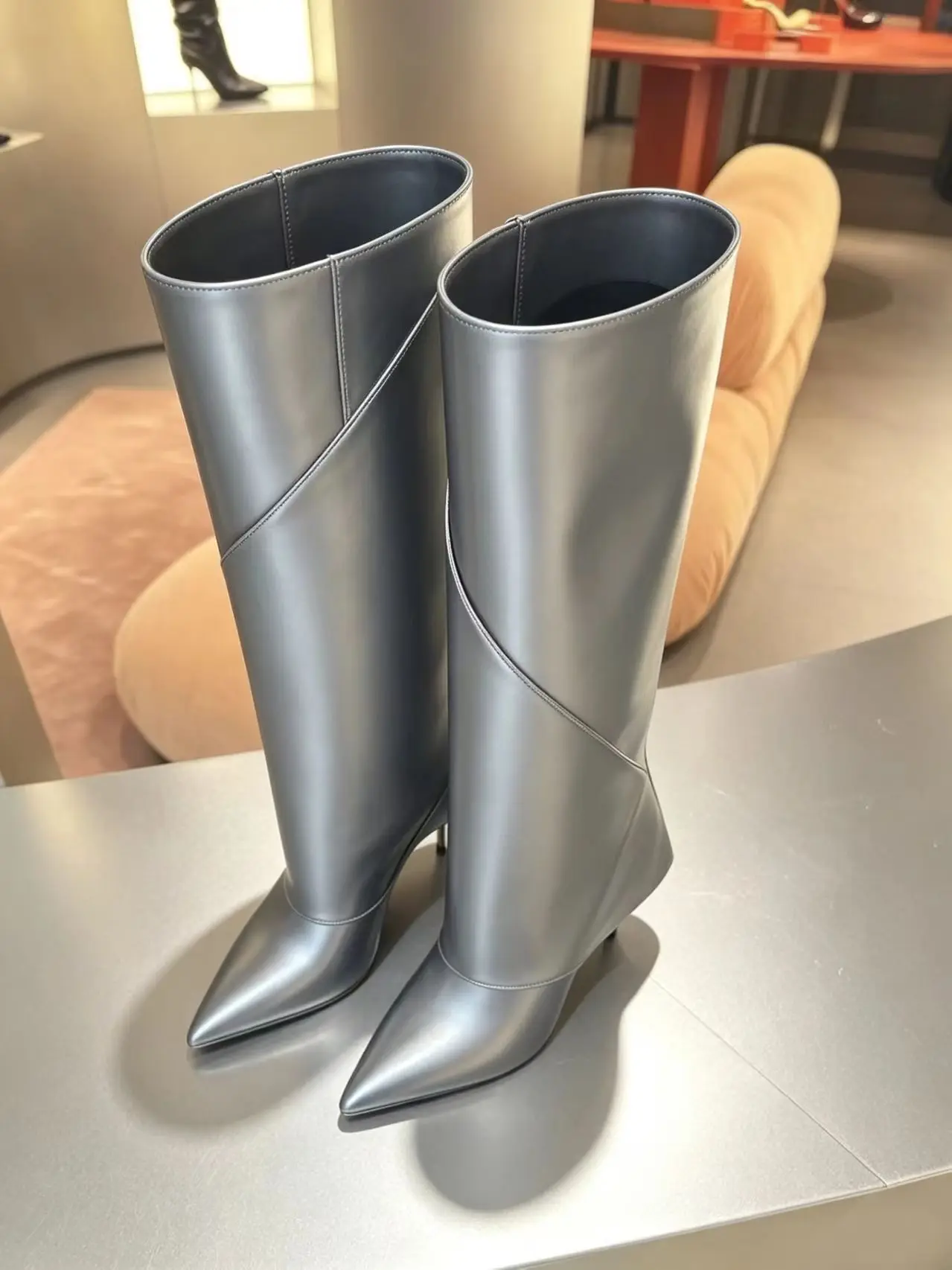 New Fall and Winter Women Silver Metallic Knee High Boots Pointed Toe Stiletto Heel Fashion Elegant Party Catwalk Long Boots