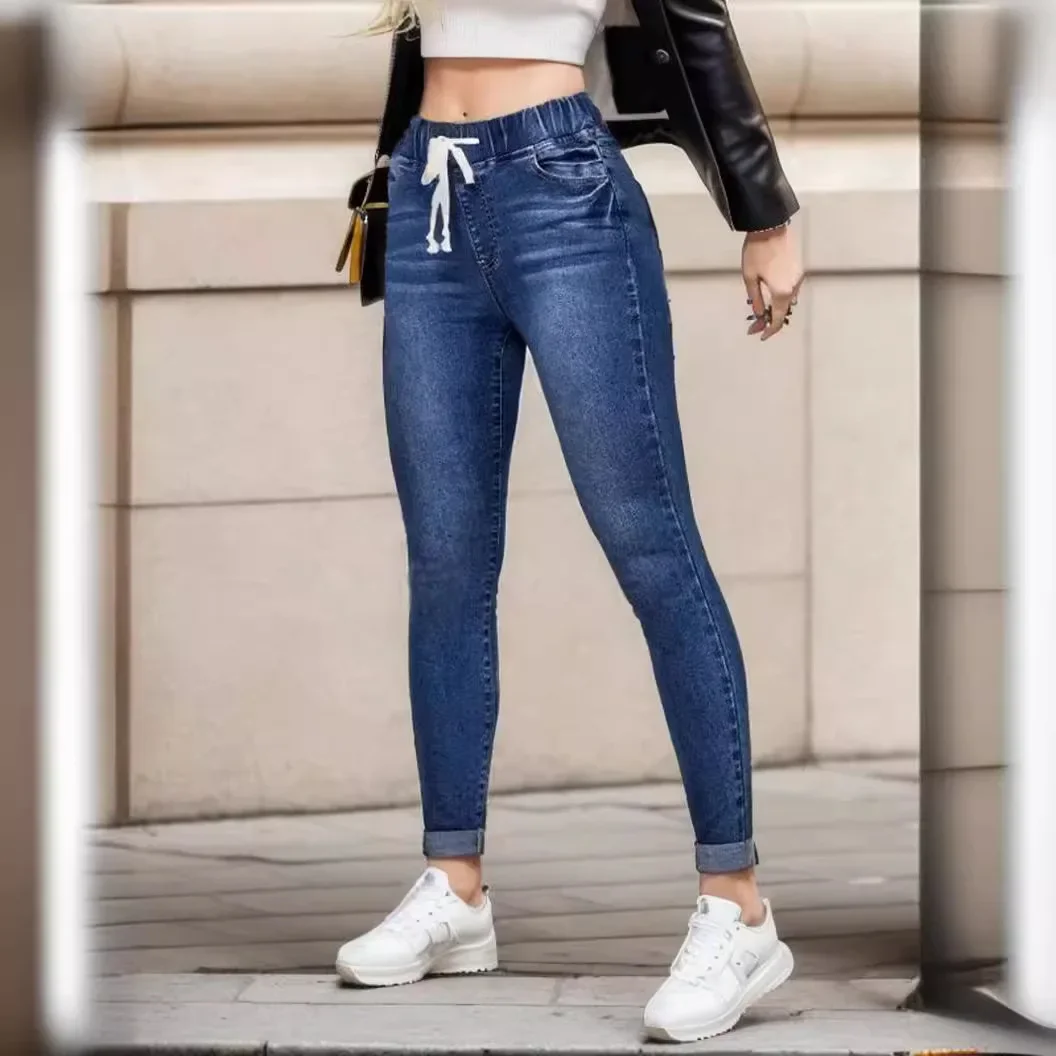 Dżinsowe spodnie ołówkowe damskie, elastyczne, z wysokim stanem, sznurowane, obcisłe jeansy, streetwear vintage, spodnie do kostki, 2025