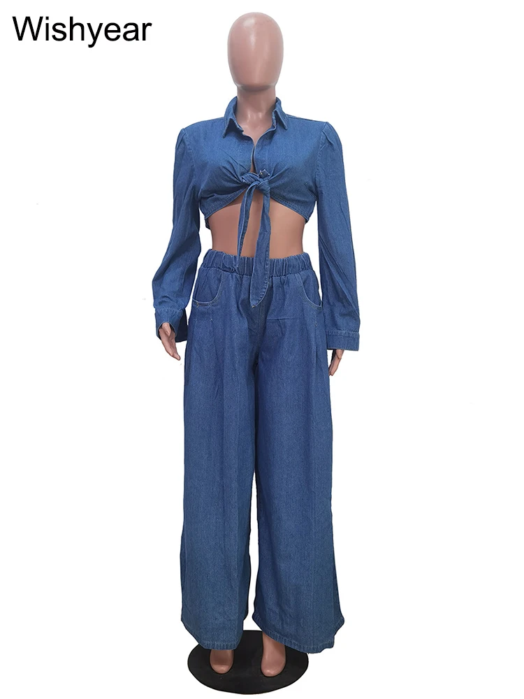 Fashion Denim 2 Pieces Pants Women Set Long Sleeve Crop Jacket and Wide Leg Jeans Suit Elegant Loose Streetwear Blue Outfit New