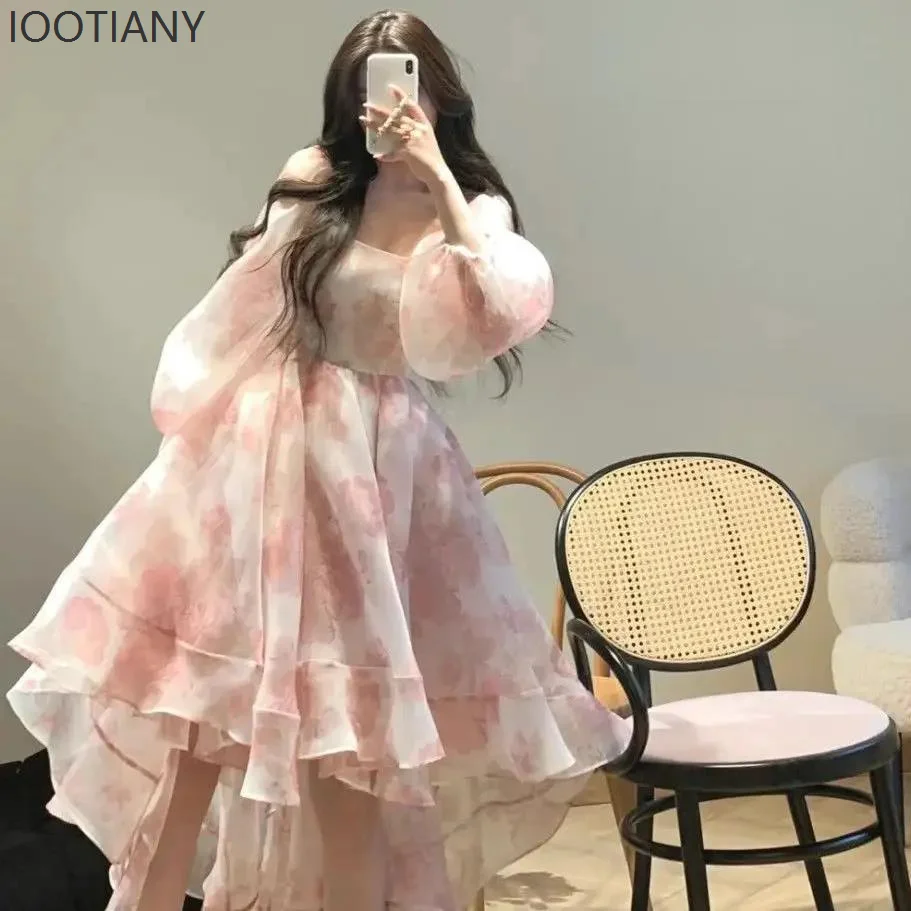

2025 Retro Floral Sweet Mid-length Dress For Women Irregular Elegant Puff Sleeve Fairy Dress Casual Seaside Beach Party Dress