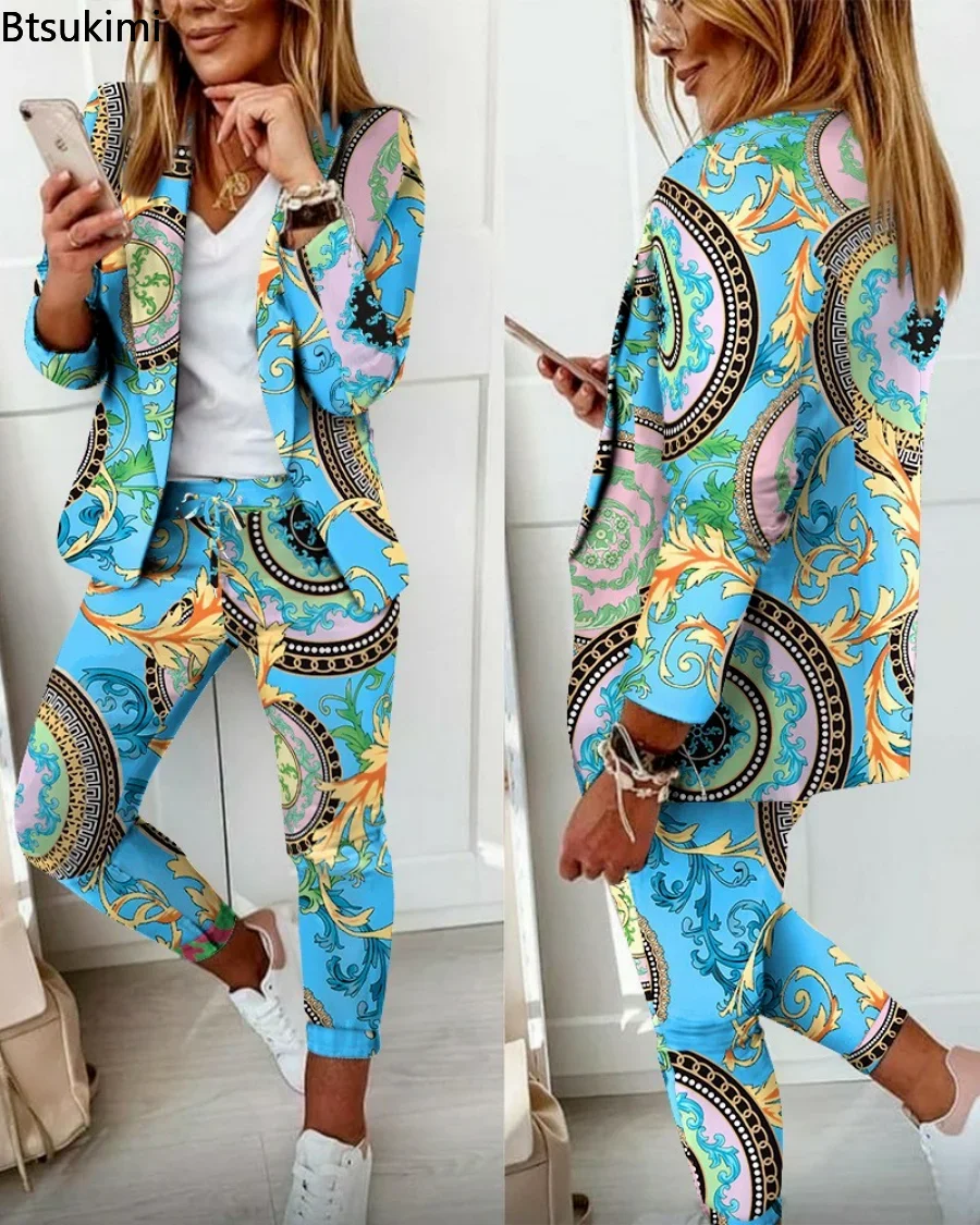 Spring Autumn Two Piece Sets Women Printted Elegant Blazer & Pants Set Outifits Fashion Tracksuits Casual Elegant Female Sets