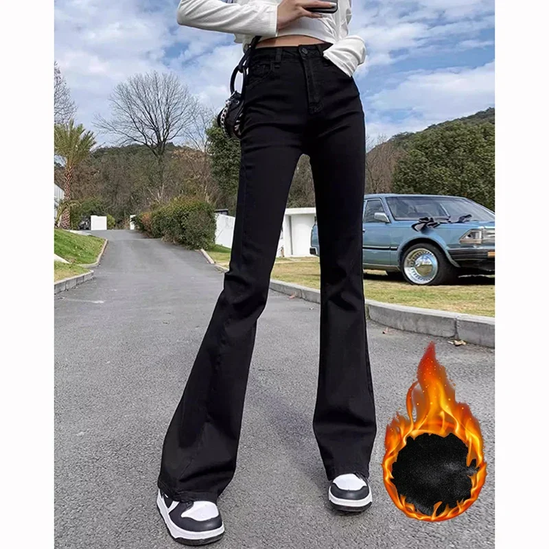 

Зимние теплые зимние классические черные расклешенные джинсы, женские флисовые утепленные брюки, повседневные плюшевые брюки с высокой талией для девочек