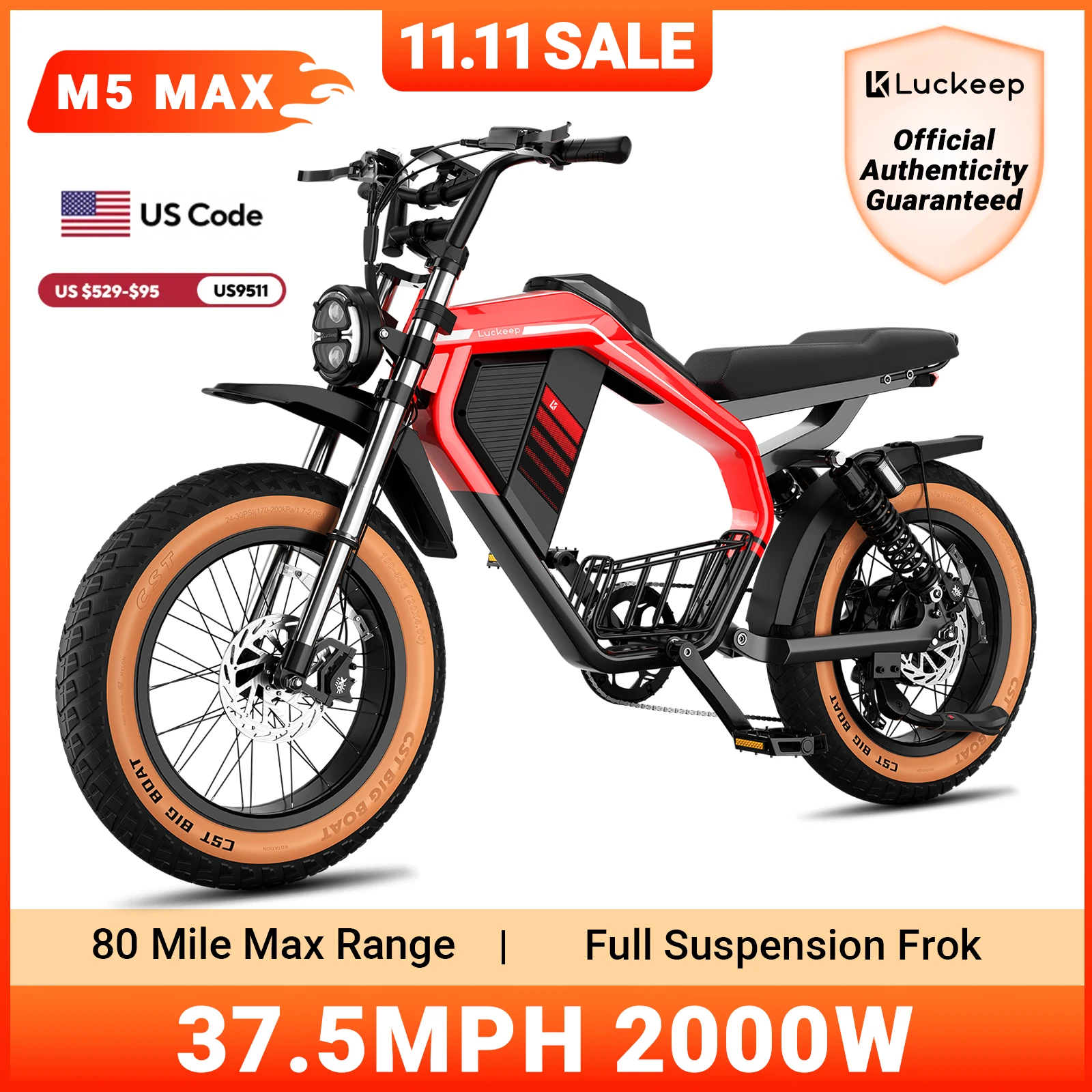 

Luckeep M5 MAX Electric Bike for Adults,2000W Peak Motor,37.5MPH, 52V 20AHBattery Ebike,80 Miles 20" Fat Tire Electric Dirtbike