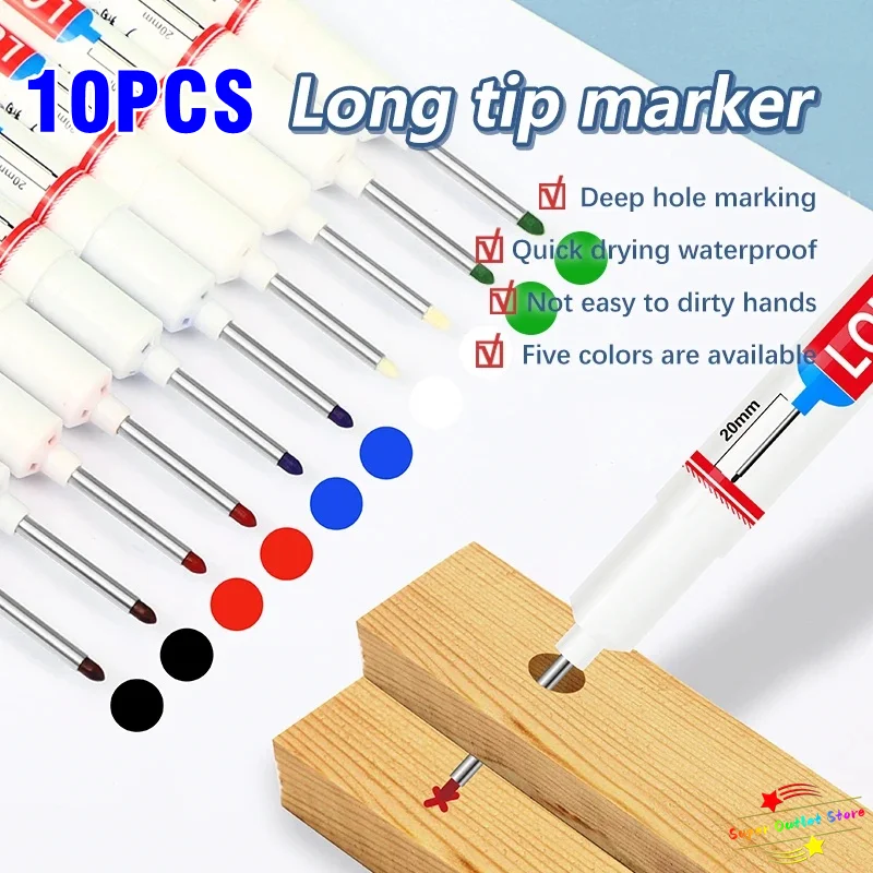 10Pcs/Set Long Head Markers Bathroom Woodworking Decoration Multi-purpose Deep Hole Marker Pens Red/Black/Blue/Green/White Ink