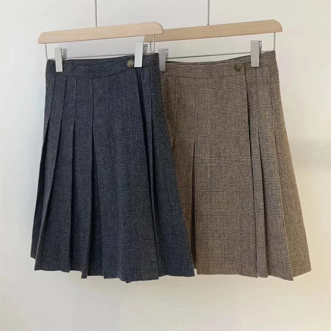 

High Waist Wool Plaid Pleated Casual Skirt Dongda Gate Retro Ounce Women's Faion Spring Autumn Season Zipper Sle A-L...