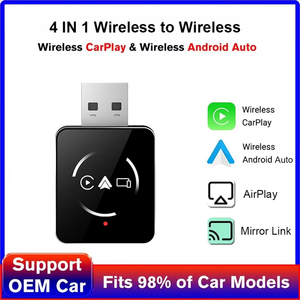

2026 4in1 New Upgrade Carplay Adapter Wireless Android Auto Mirror Link Smart MiNi AI Box USB Plug and Play Auto Connect WiFi