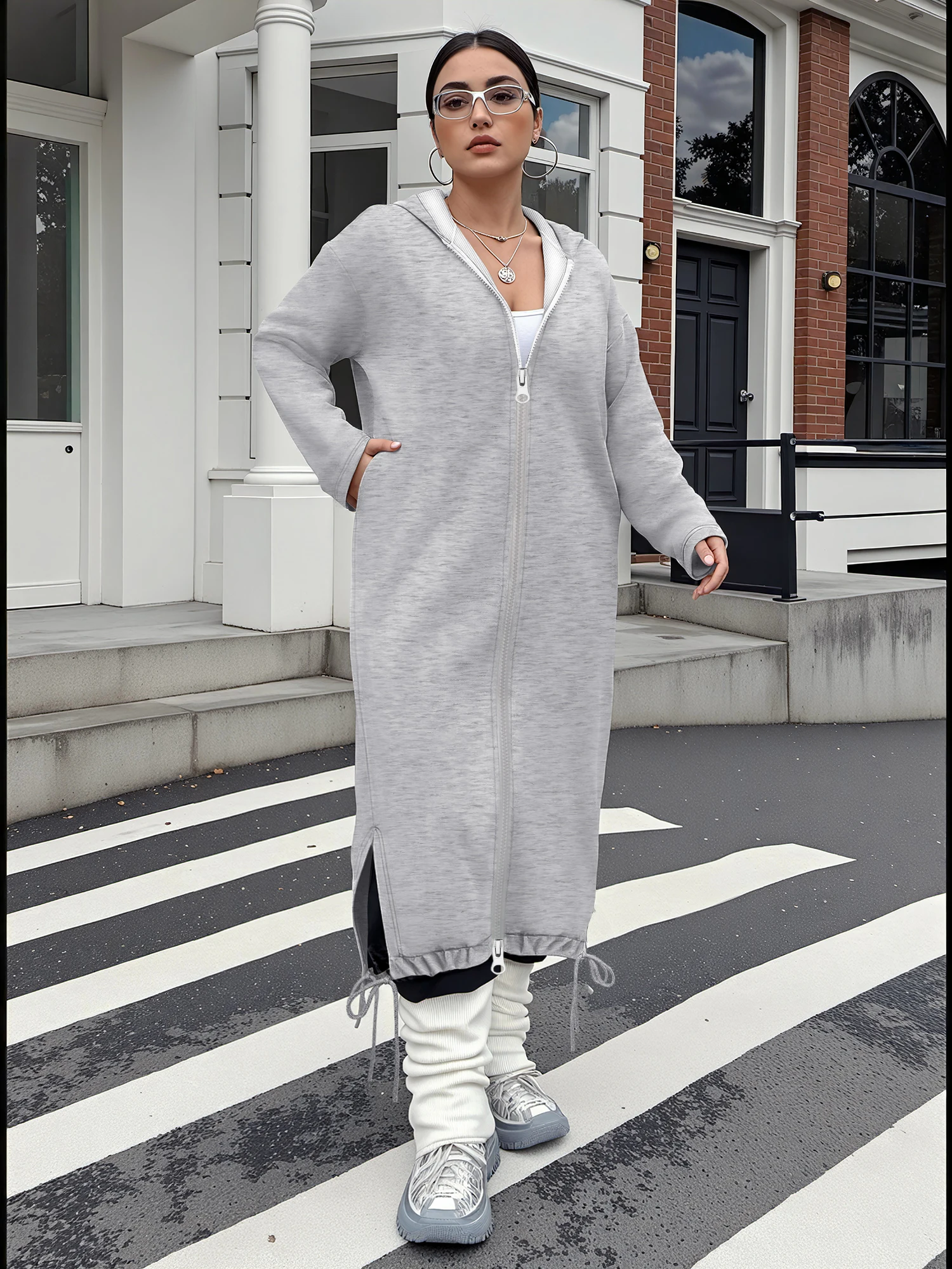 

Women's Long Hooded Zip Up Coat Oversized Casual Knit Jacket with Pockets and Drawstring Hem Daily Outwear
