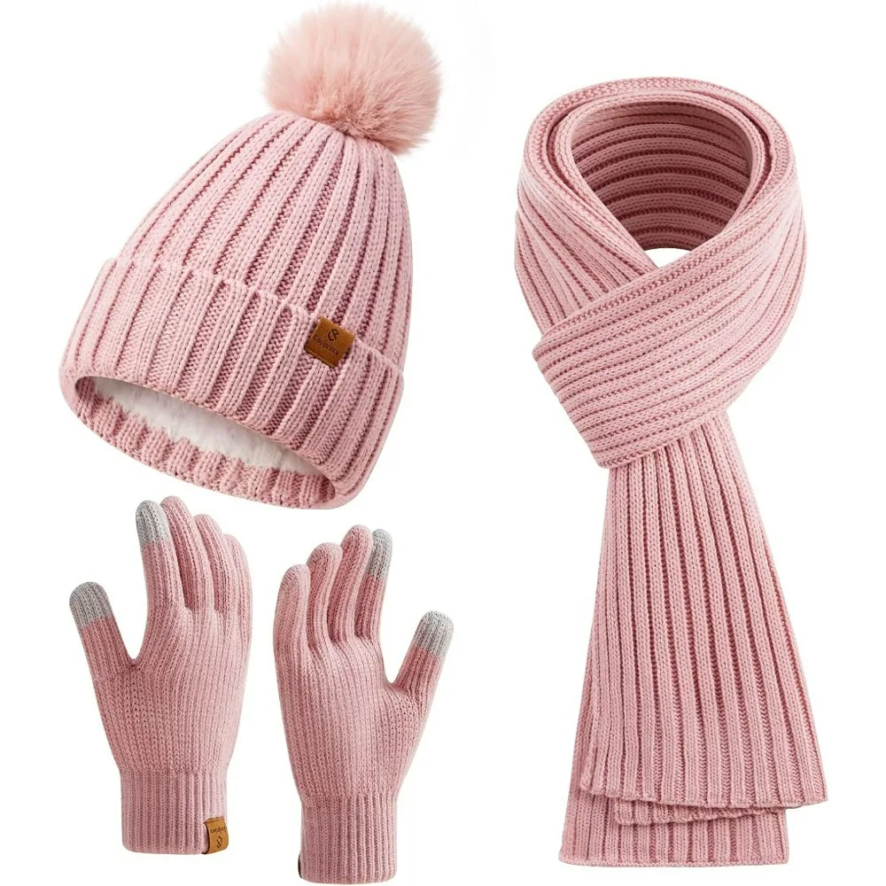 

Womens Long Scarf Gloves and Hat Set Cold Weather Hat Scarf Glove Set for Women Winter Beanie Hats with Pom Pom