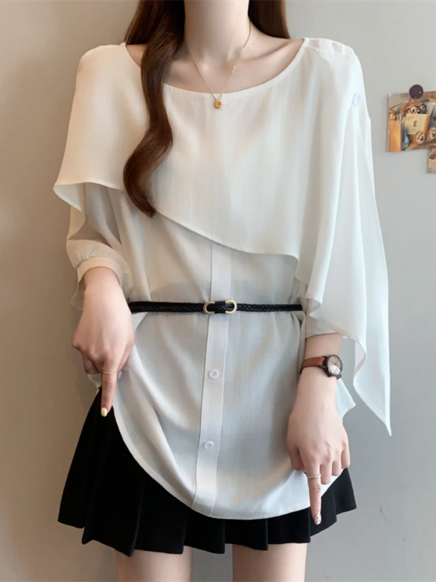 

Women's Summer Slim Fit Sun Protection Shirt Half Sleeve Belted Waist Tie Top Polyester Fiber round Neck Short Sleeve Shirt