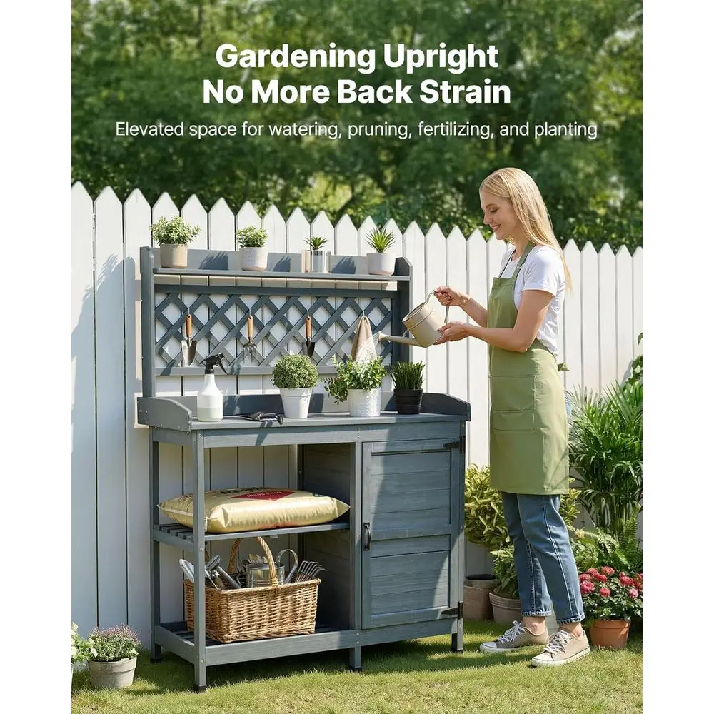 Outdoor Gardening Wooden Workstation with Storage Cabinet, Shelves, 43 x 18 in Wood Tabletop, Garden Planting Work Station for P