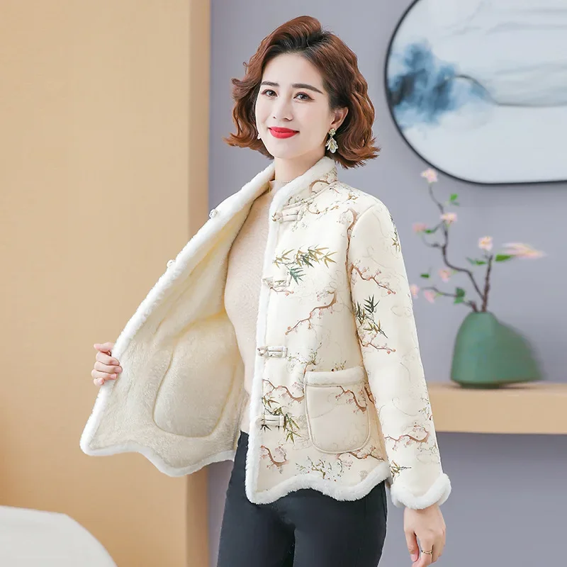 

Plus Size Women's Cotton Jacket Winter Coat Floral Design Fleece Lined Elderly Friendly Grandmother Style Long Sleeve