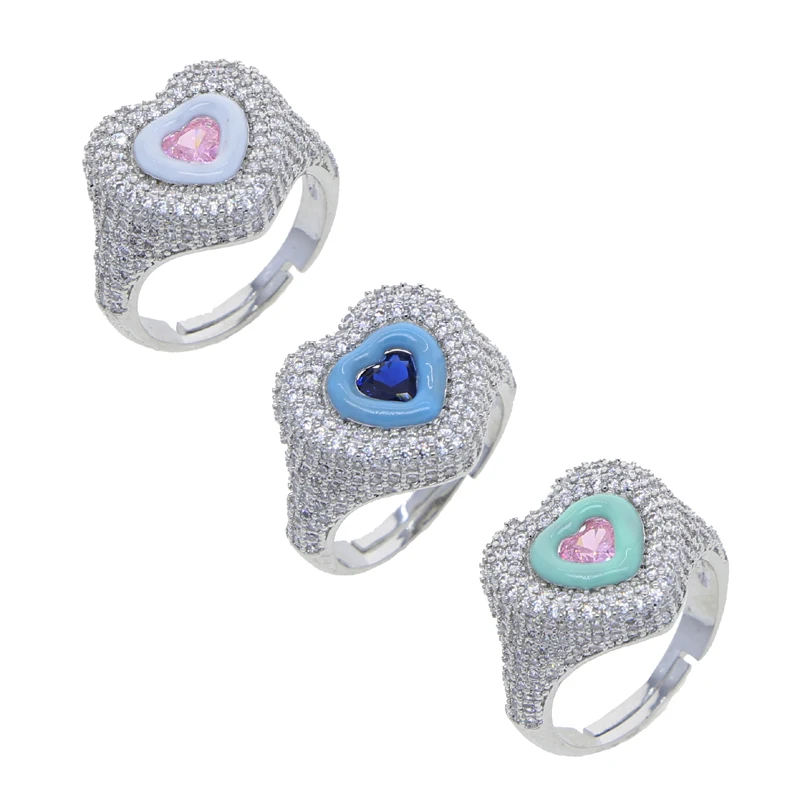 Pink Blue CZ Heart Stones Enamel Rings Luxury Bling Iced Out Zirconia Ring for Women Silver Color Fashion Jewelry for Party