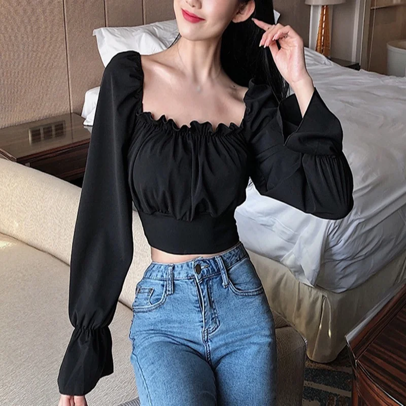 Women\'s Sexy Bandage Long Sleeve Shirt Slash Neck Solid Color Ruffles Crop Tops Ladies Chiffon Off Shoulder Blouse