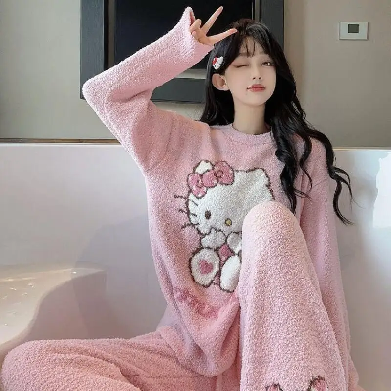 Hello Kitty Pajamas Popular Warm Women's Winter Plus Velvet Can Be Worn Outside Round Neck Half Velvet Home Clothes Set Sweet